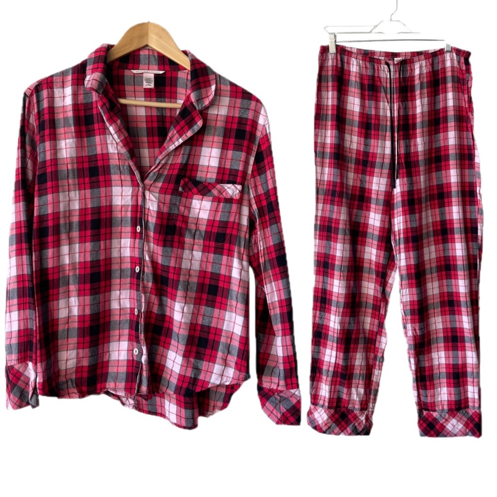 Victoria’s Secret Red Metallic Thread Plaid Cotton Blend Pajama Set Medium